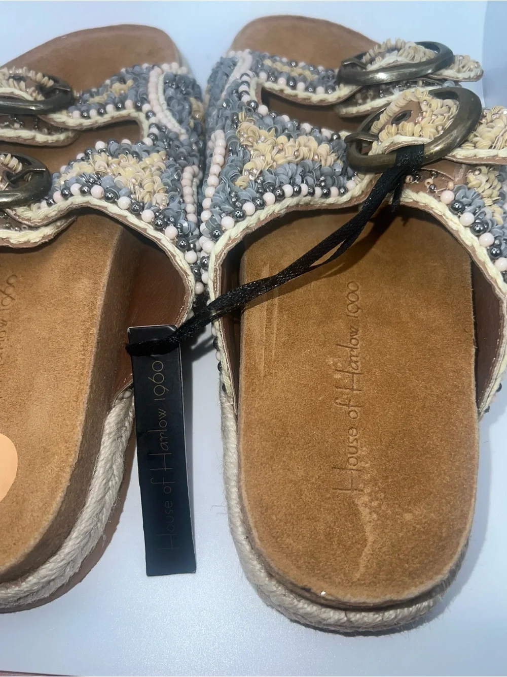 House of Harlow 1960 Beaded Slide Sandals in Beige & Gray